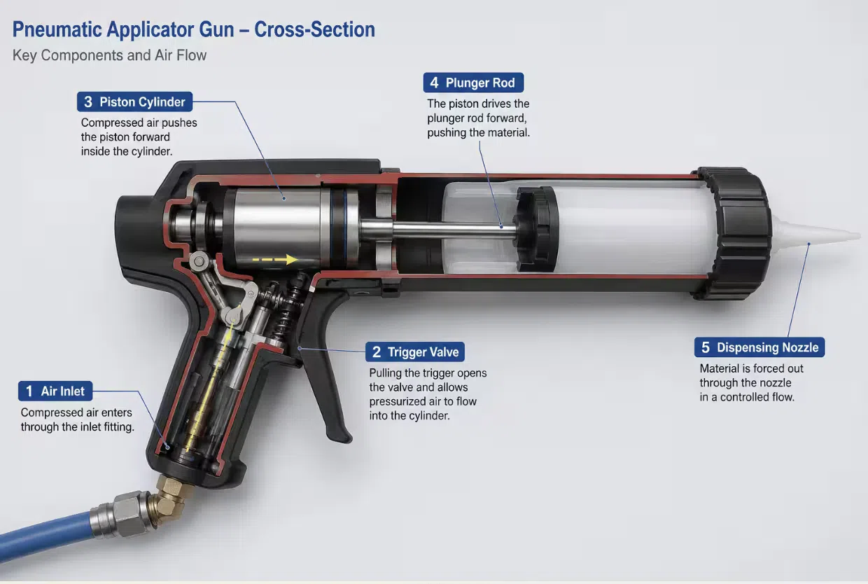 Pneumatic applicator gun cross-section showing the air inlet, piston cylinder, plunger rod, and dispensing nozzle