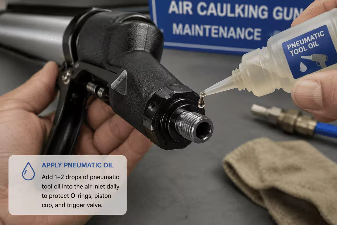 Air caulking gun air inlet port with a drop of pneumatic tool oil being applied to protect the internal trigger valve O-rings and piston cup from drying out