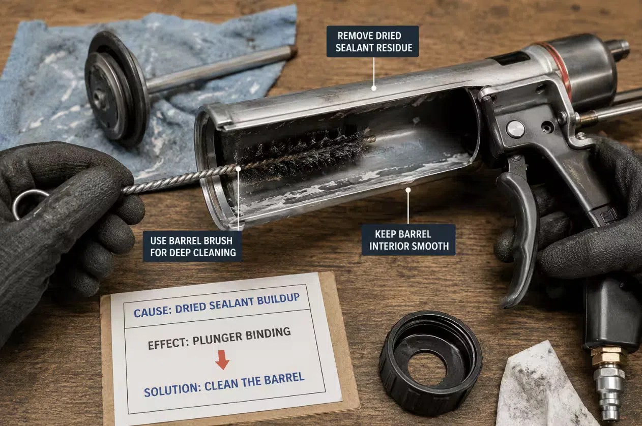 Pneumatic caulking gun barrel interior being cleaned with a barrel brush to remove dried sealant residue that causes plunger binding