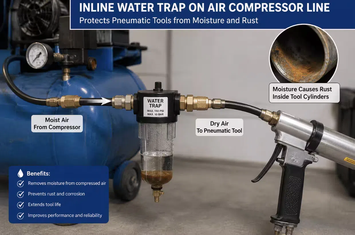 Inline water trap installed on an air compressor line showing moisture collection that prevents rust inside pneumatic tool cylinders