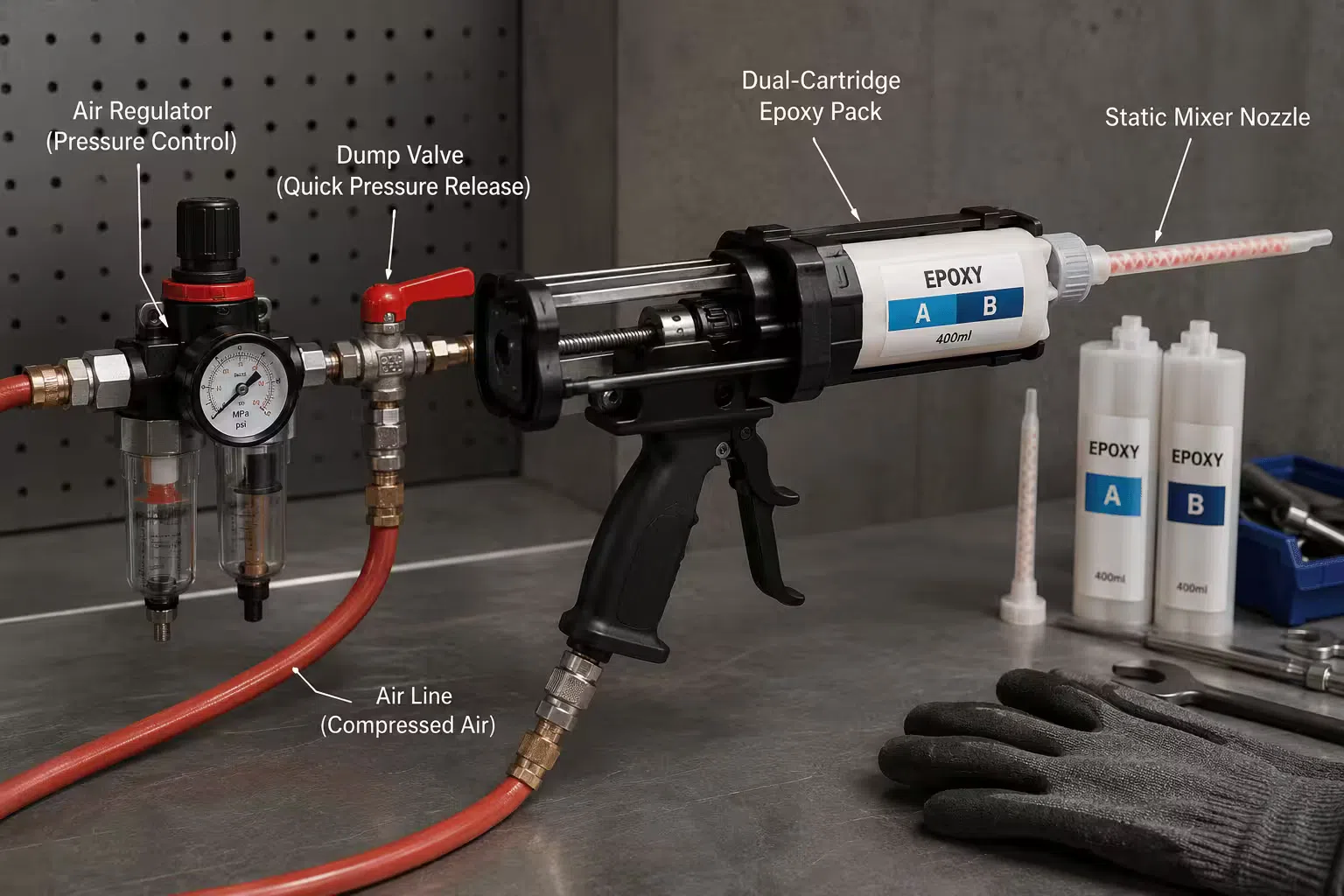 Pneumatic epoxy gun fitted with a dual-cartridge epoxy pack and static mixer nozzle, connected to an air line on a workshop bench, showing the air regulator and dump valve controls