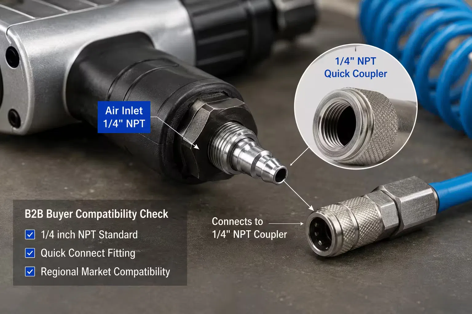 Close-up of a pneumatic tool air inlet showing a 1/4 inch NPT quick coupler fitting, demonstrating the fitting compatibility point that B2B buyers need to check for their regional market
