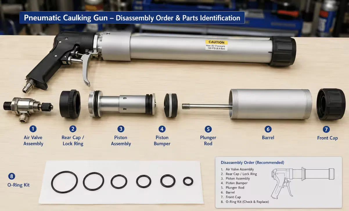 Pneumatic caulking gun disassembled on a clean workbench with the air valve, piston assembly, barrel, and o-ring kit arranged in the order they are removed for parts identification