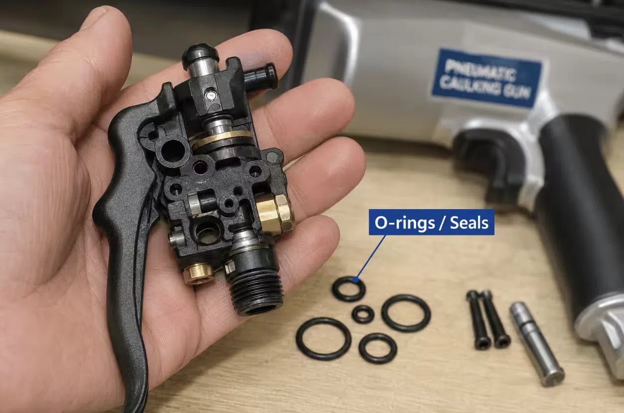 Hand holding a disassembled pneumatic caulking gun trigger valve with small o-rings removed and placed next to the valve body to show the seals that wear first