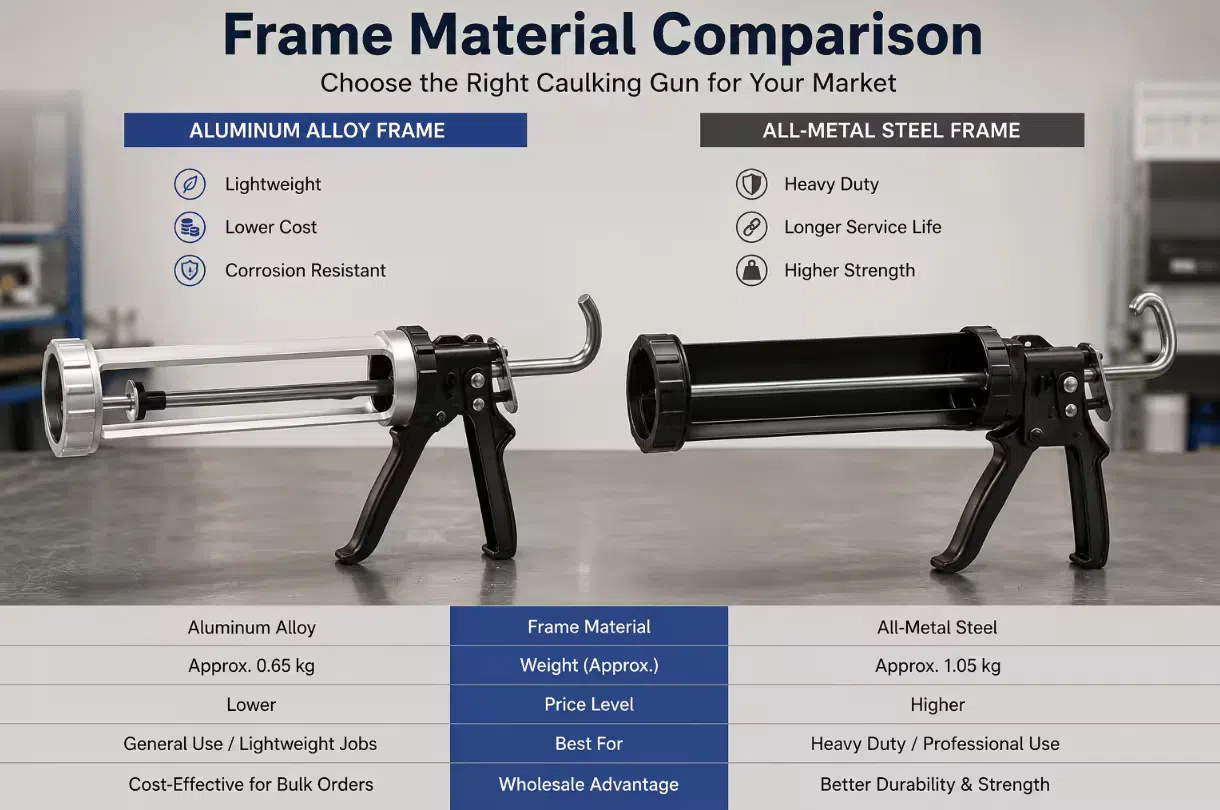 Two manual caulking guns with different frame materials — aluminum alloy on the left and all-metal steel on the right — shown side by side to illustrate how frame choice affects price and weight