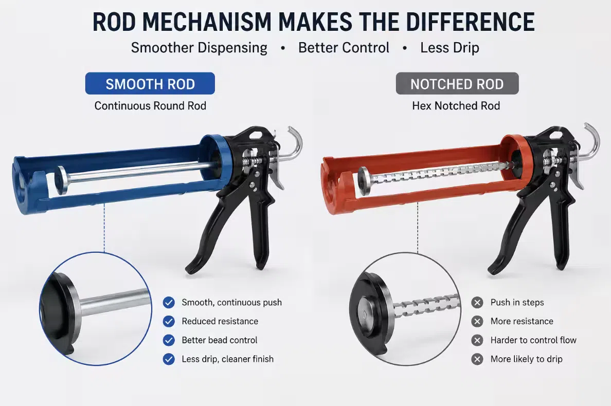 Two manual caulking guns compared side by side — one with a smooth continuous rod and one with a hex notched rod, showing the rod mechanism difference that determines dispensing smoothness and drip control