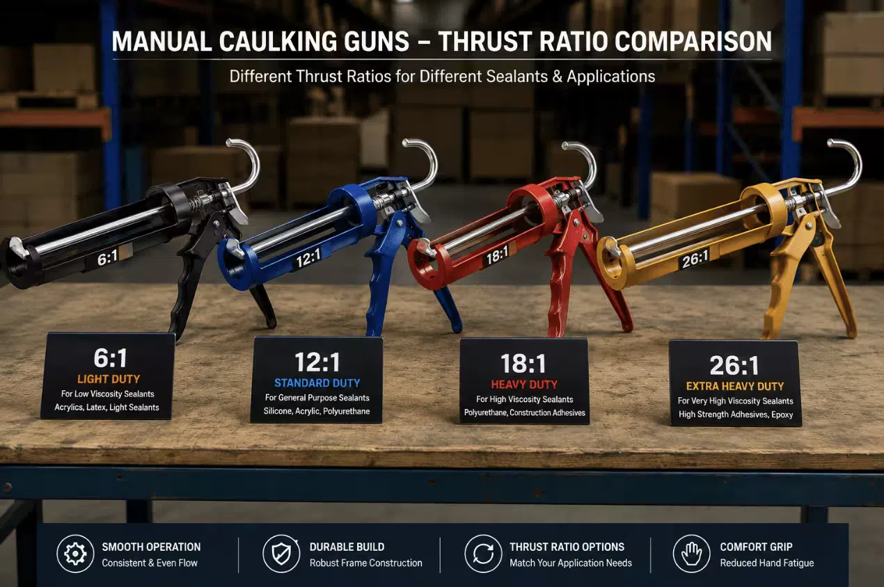 Four manual caulking gun models with different thrust ratio ratings and frame colors arranged for side-by-side quality comparison on a warehouse workbench