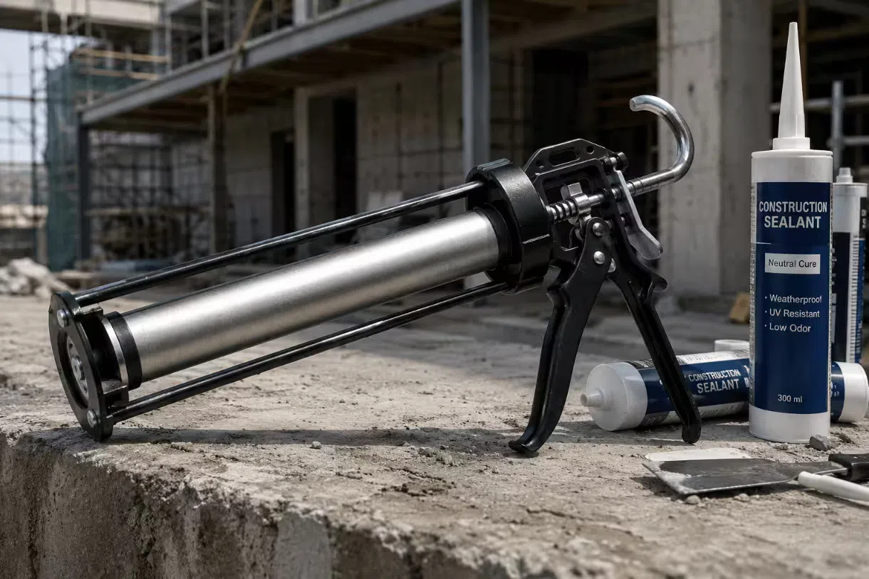 Heavy duty manual caulking gun with steel barrel and metal frame on a construction worksite with sealant cartridges nearby