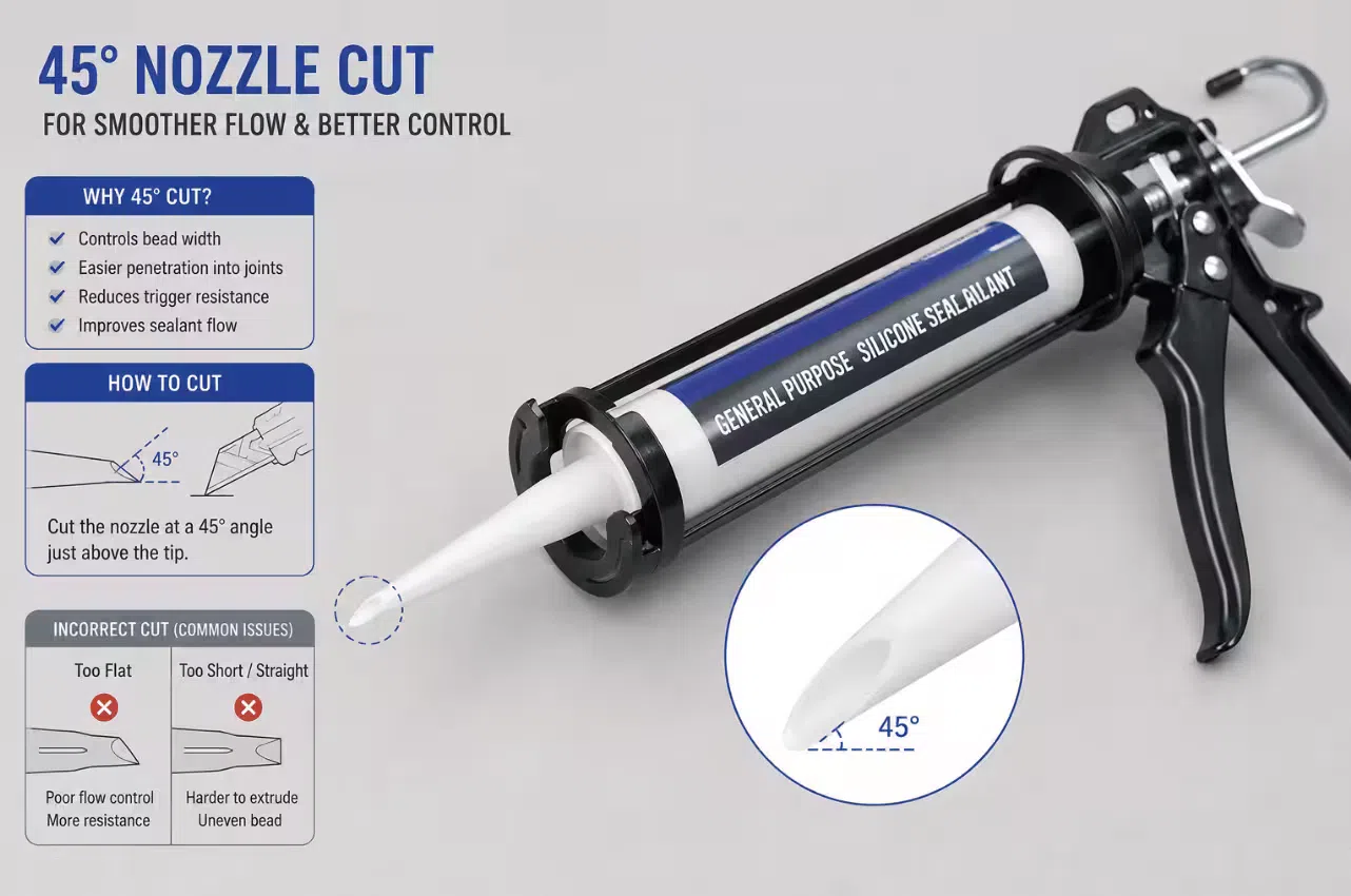 Manual caulking gun with a 45-degree nozzle cut showing the beveled opening used to control bead width and reduce trigger resistance from incomplete cartridge prep