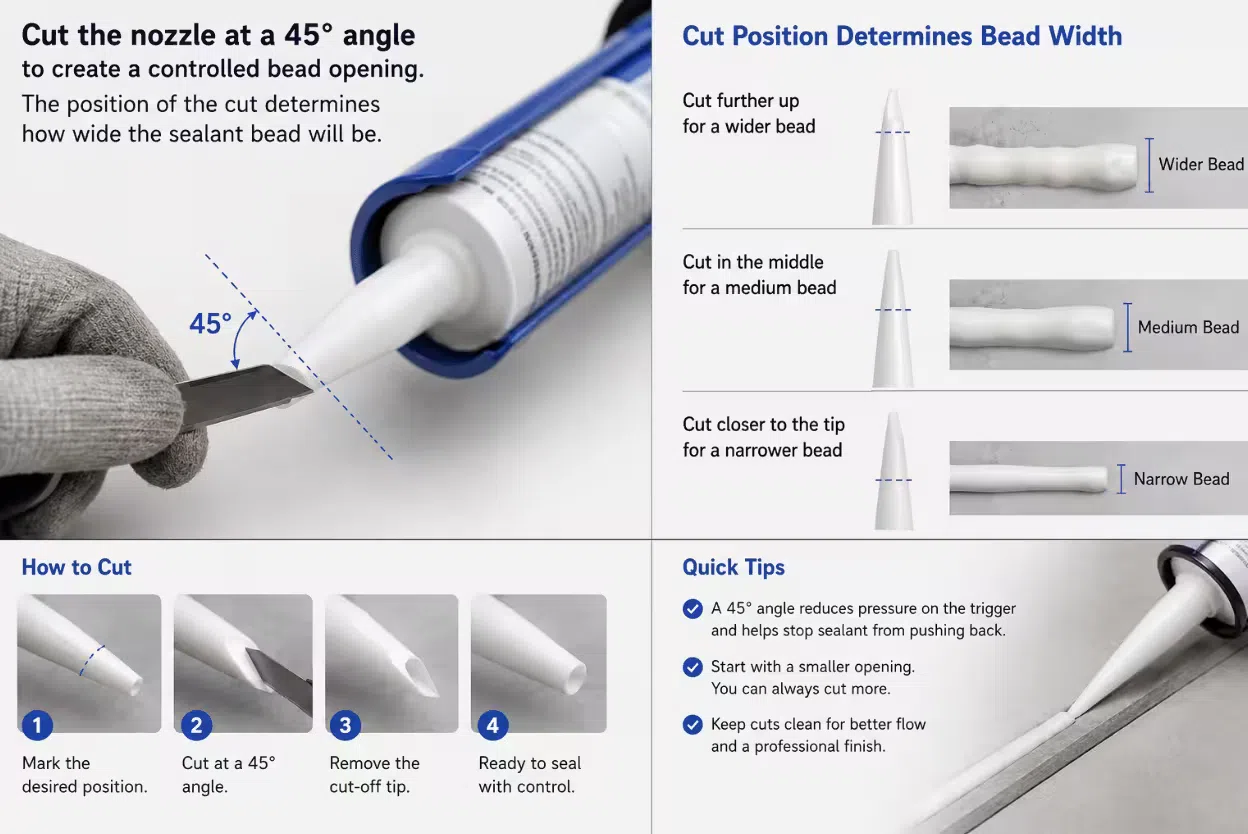 Cutting a manual caulking gun nozzle at a 45-degree angle to create a controlled bead opening. The position of the cut determines how wide the sealant bead will be