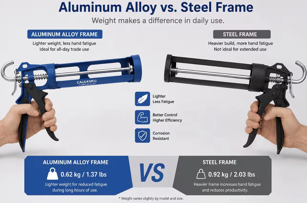 Two manual caulking guns side by side showing an aluminum alloy frame next to a steel frame, illustrating the weight difference that affects hand fatigue during daily trade use