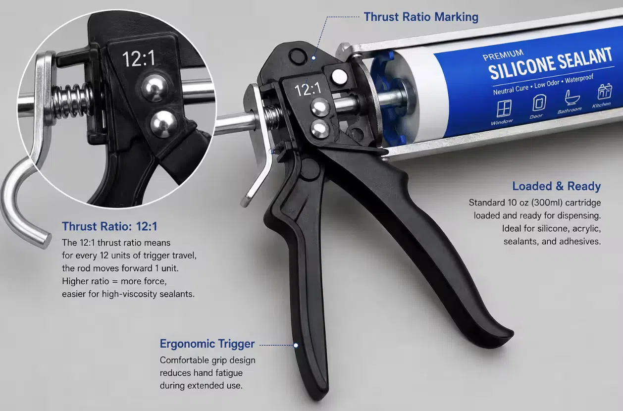 Close-up of a manual caulking gun trigger mechanism and frame showing the thrust ratio marking, with a loaded sealant cartridge illustrating the dispensing setup