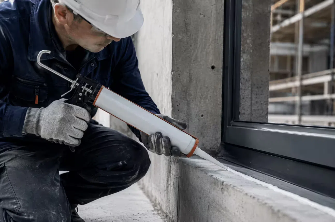 Professional contractor applying a silicone sealant bead along a construction joint using a manual caulking gun with steady trigger control