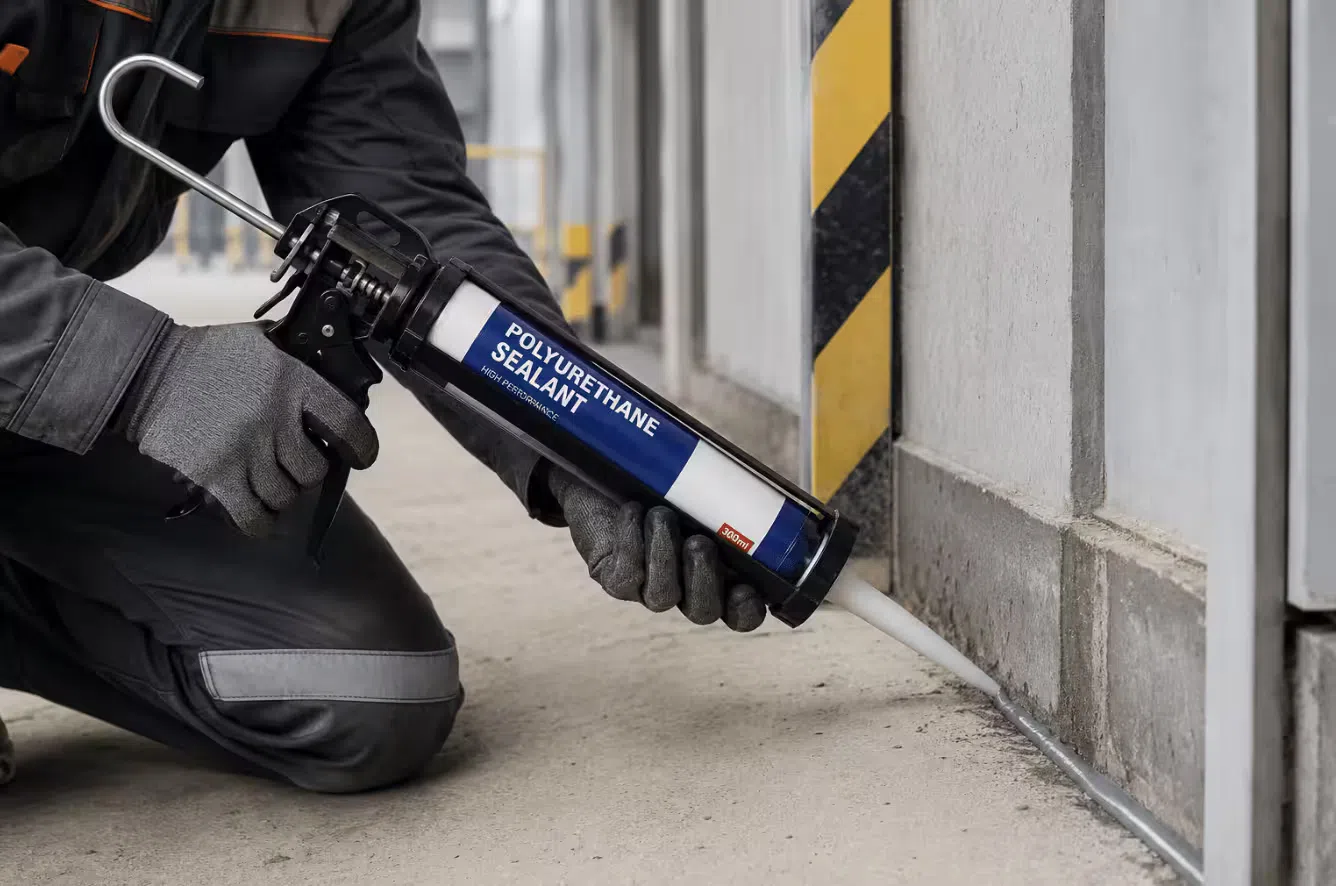 High thrust caulk gun dispensing polyurethane sealant from a 300ml cartridge onto a construction joint during an industrial sealing job