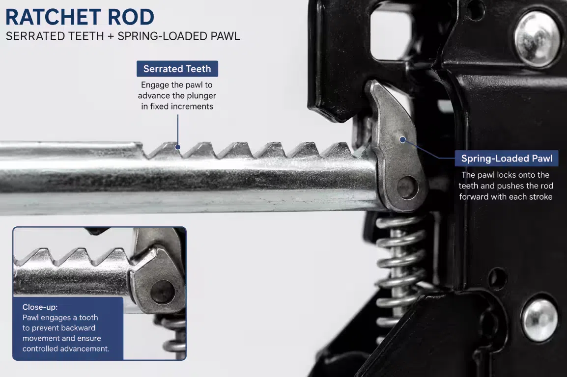 Close-up of a ratchet rod showing the serrated teeth and spring-loaded pawl that advance the plunger in fixed increments