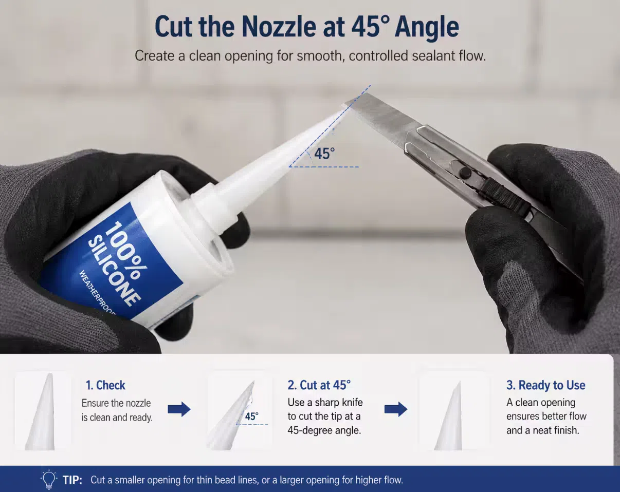Cutting the tip of a sealant cartridge nozzle at a 45-degree angle to create a clean opening for controlled sealant flow