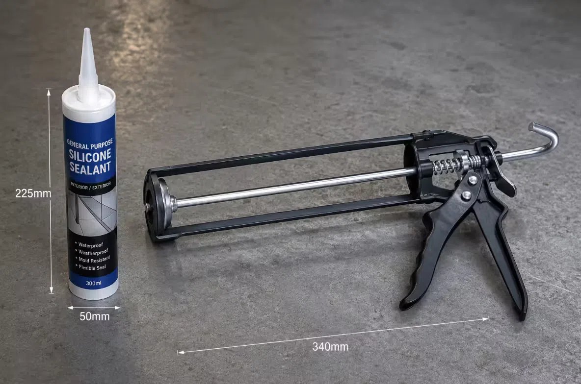 Industrial-grade manual caulking gun with steel frame and smooth rod, placed next to a 300ml sealant cartridge to show scale and grip positioning for continuous factory use