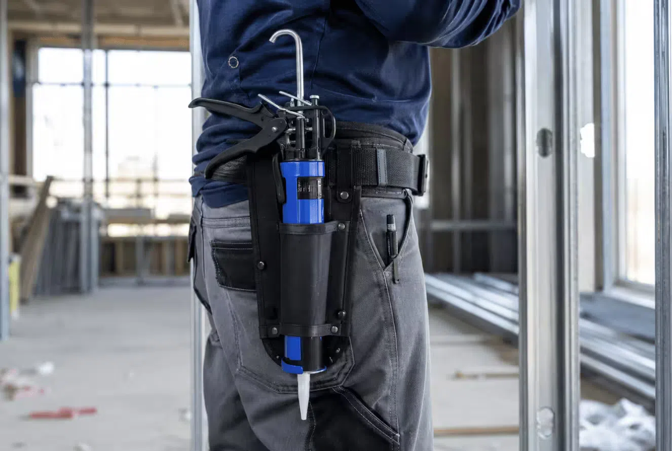 A contractor wearing a caulking gun belt holder on a construction site, with the tool secured handle-down for immediate access