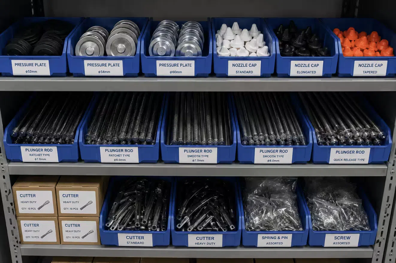 A storage shelf with caulk gun spare parts — pressure plates, nozzle caps, plunger rods, and cutters — organized for warehouse distribution