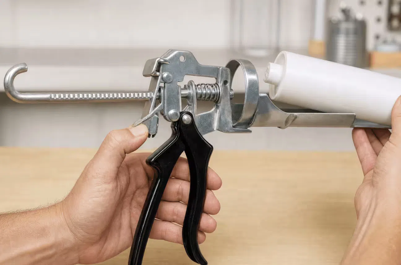 Thumb-release latch pressed to retract the plunger rod when inserting a new sealant cartridge into a manual caulking gun