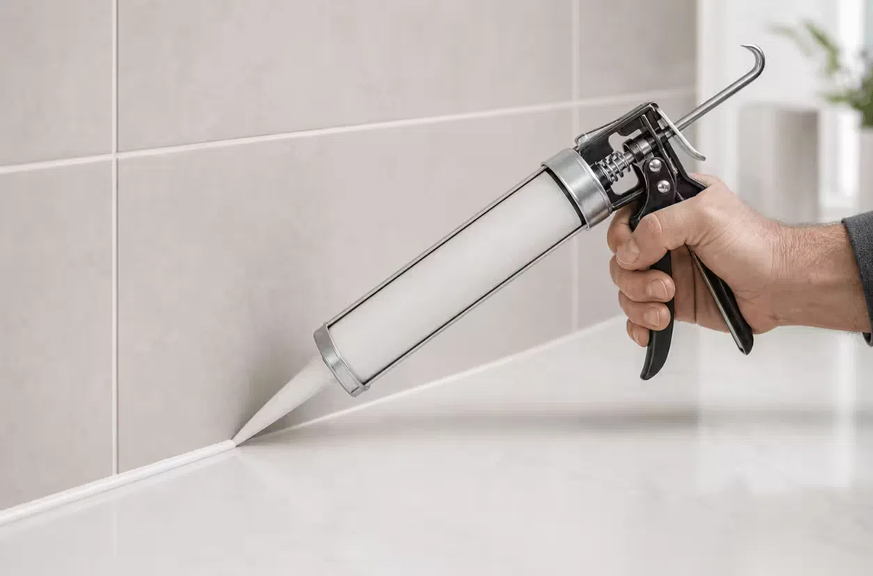 Caulking gun held at a steady 45-degree angle while being pulled along a joint to keep the sealant bead even