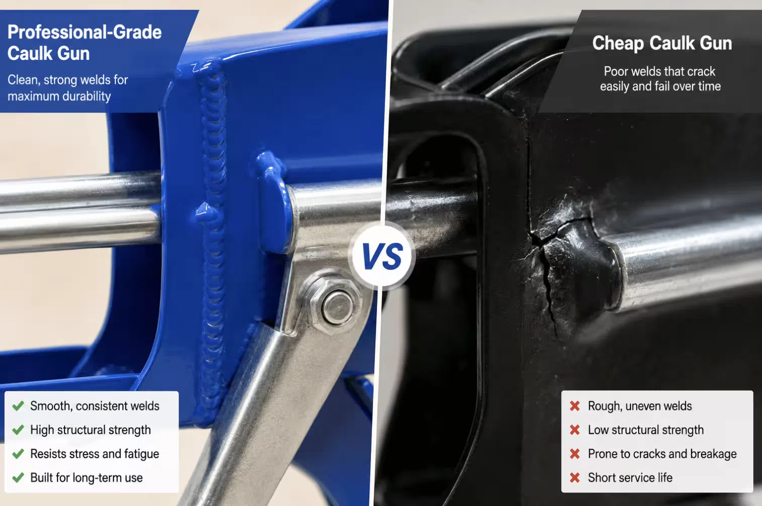 Close-up comparison of clean factory weld joints on a professional-grade caulk gun frame against a cracked weld on a cheap gun showing the durability difference